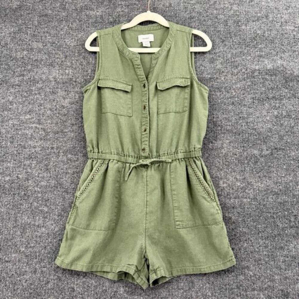 Old Navy Olive Green Linen Blend Romper Girls 10-12 Utility Military Sleeveless